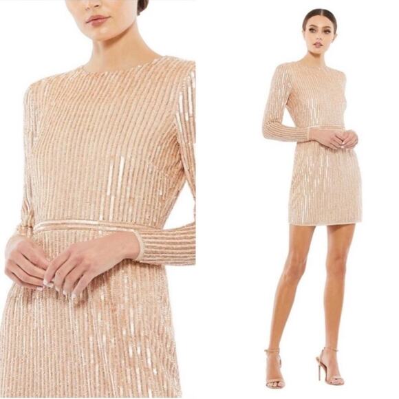 NWT MAC DUGGAL 93625 Nude Long Sleeve Sequin Mini Dress Women’s - Picture 1 of 13